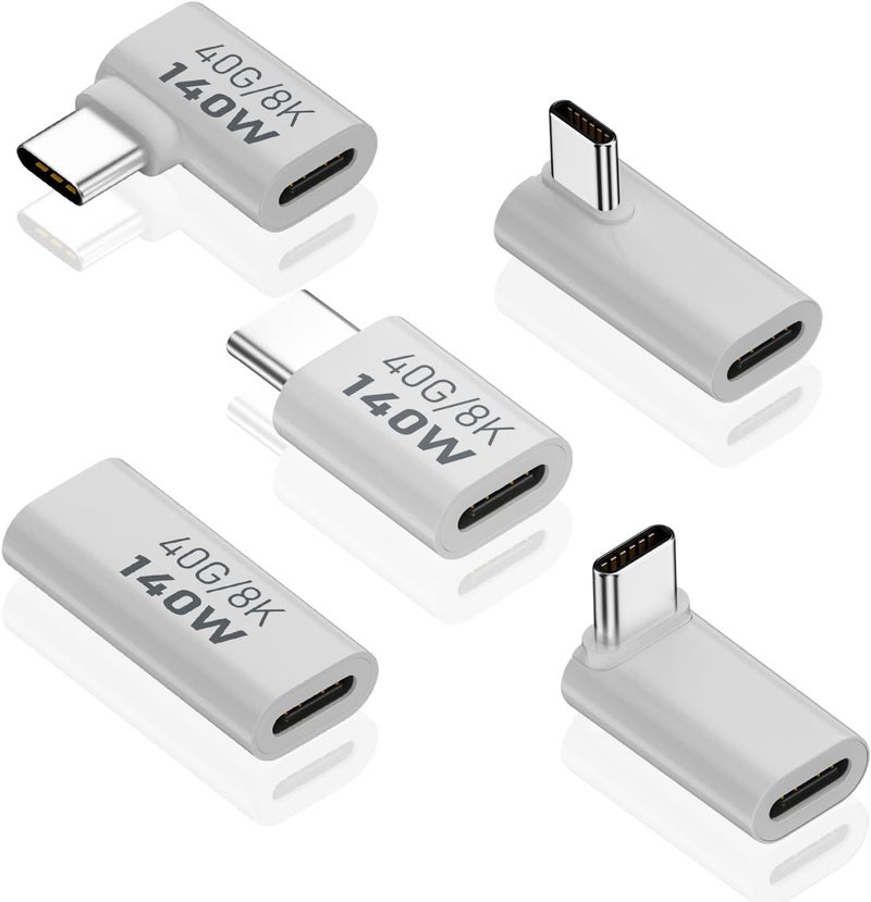 Poyiccot USB C Extension Adapter, 40Gbps Data, 140W Power, 8K Video, 90 Degree USB C Adapter Support for Thunderbolt Devices, Notebook, Tablet & Phone, in White, 5 Pack - Image 1